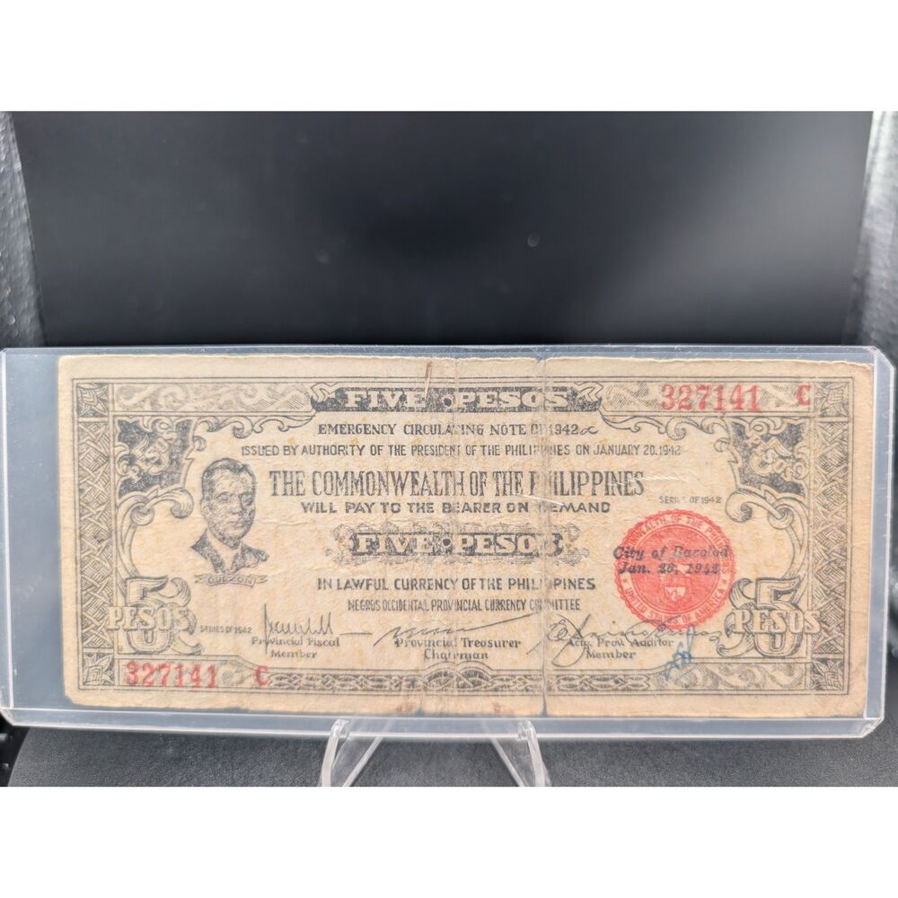 1942 Philippines Negros Occidental 5 Pesos Emergency Note Serial 327141C